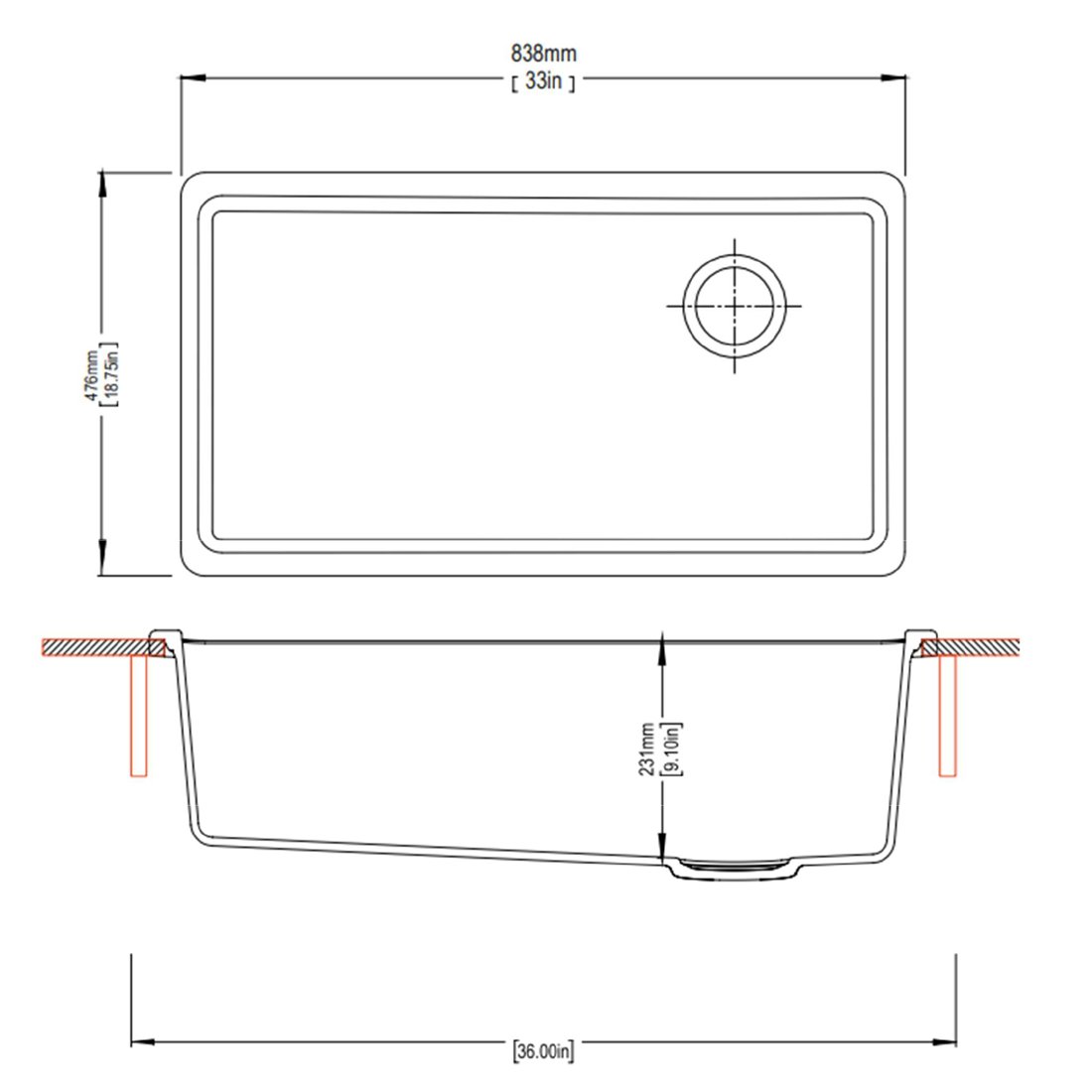 Carysil U 13322 Tango Single Bowl Kitchen Sink dimensions
