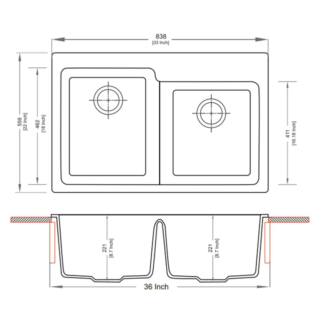 Carysil U 250R Tango Double Bowl Kitchen Sink dimensions