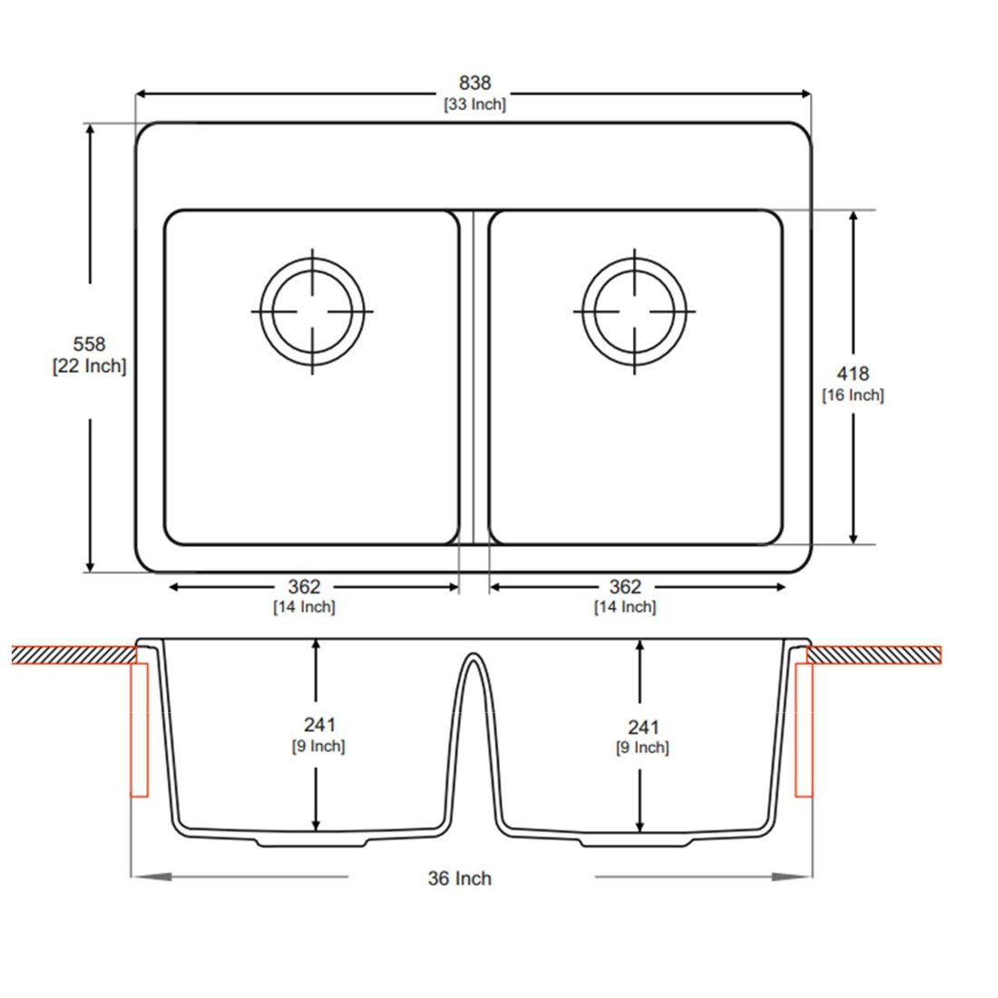 Carysil U 3322 Tango Double Bowl kitchen Sink dimensions