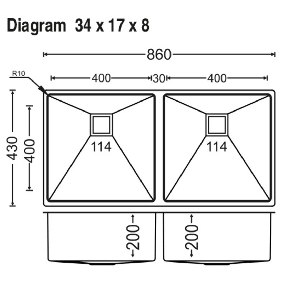 Micro Radius R10 Double Bowl 34x17x8 dimensions