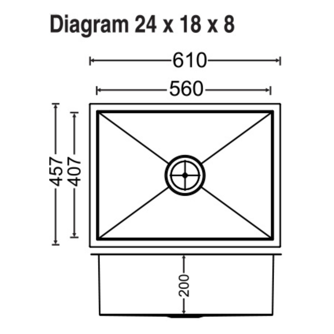 Quadro Single Bowl 24x18x9 dimensions