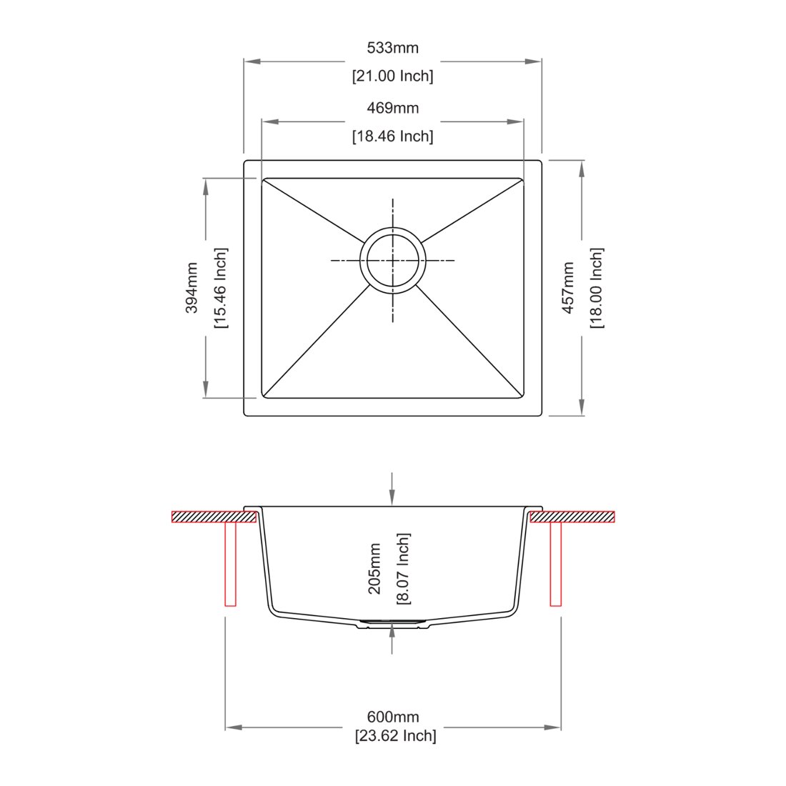 Salsa Single Bowl Kitchen Sink dimensions