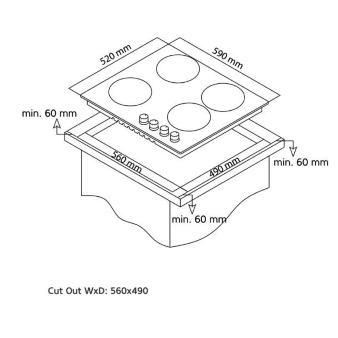 Vitroceramic Electric Hob 60 cm dimensions