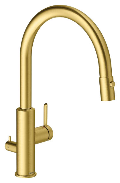 Kitchen mixer with dishwasher shut-off valve, pull-out spray head brushed brass