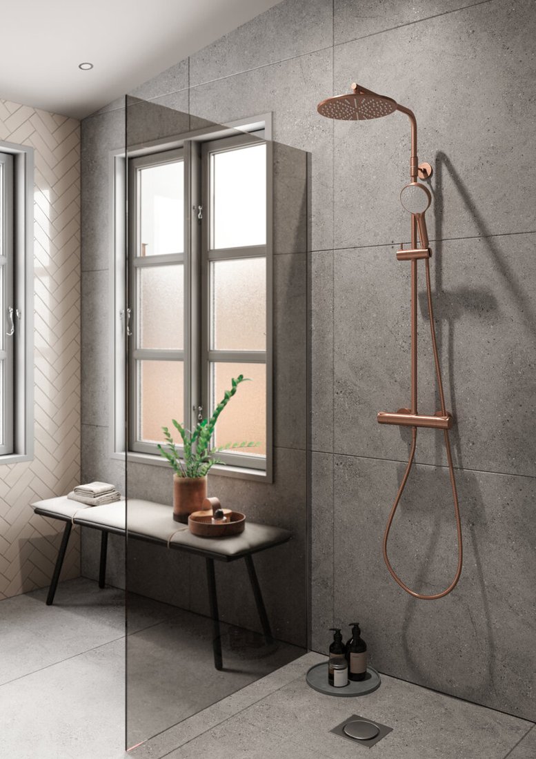 Wall bath/shower brushed copper