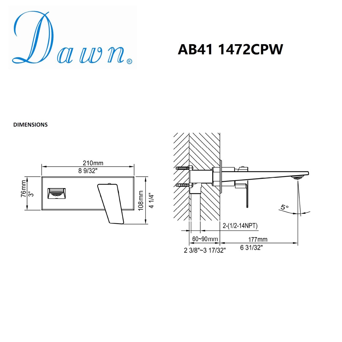 AB41 1472CPW Wall Mount Lavatory Faucet