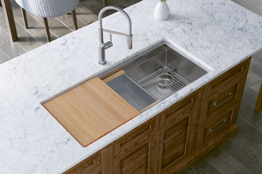 Circuit Chef® Workstation Stainless Steel 45-1/2" x 20-1/2" x 10" Single Bowl Undermount Sink Kit w/ Cherry Wood Boards