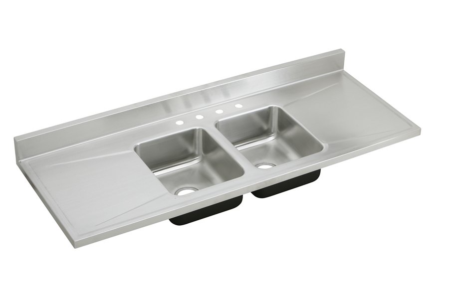 Lustertone® Classic Stainless Steel 66" x 25" x 7-1/2" 4-Hole Equal Double Bowl Sink Top with Drainboard