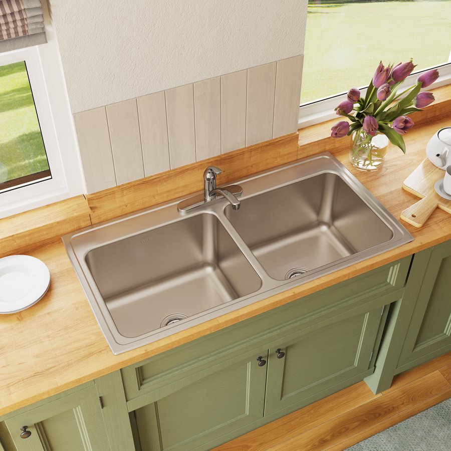 Lustertone® Classic Stainless Steel 43" x 22" x 12-1/8" Equal Double Bowl Drop-in Sink