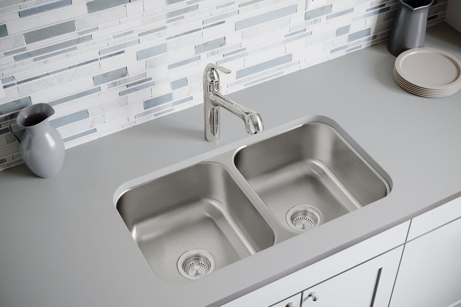 Dayton® Stainless Steel 31-3/4" x 18-1/4" x 8" Equal Double Bowl Undermount Sink