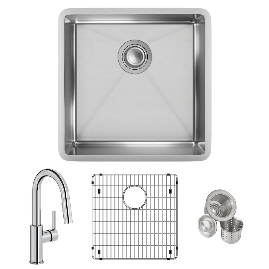 Crosstown® 18 Gauge Stainless Steel 18-1/2" x 18-1/2" x 9" Single Bowl Undermount Sink & Faucet Kit with Bottom Grid & Drain