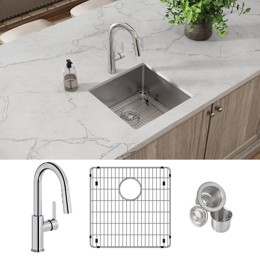 Crosstown® 18 Gauge Stainless Steel 18-1/2" x 18-1/2" x 9" Single Bowl Undermount Sink & Faucet Kit with Bottom Grid & Drain
