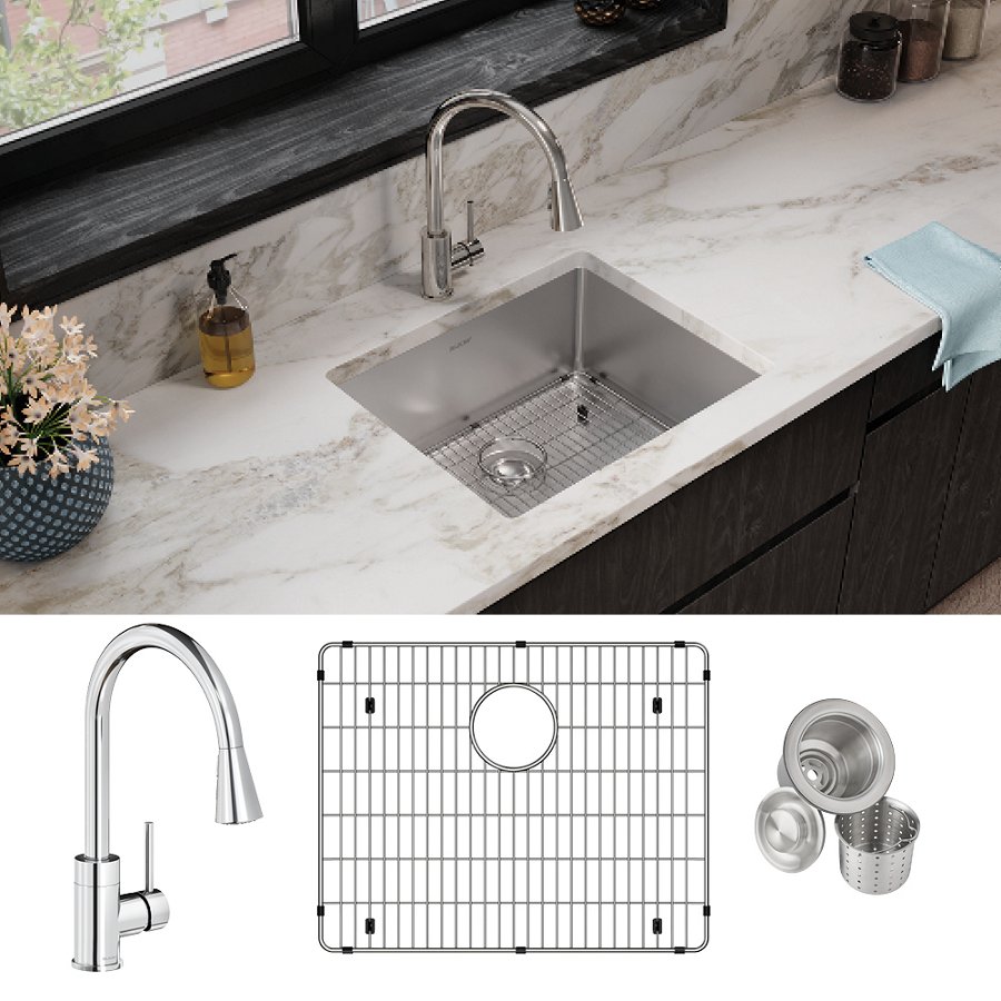 Crosstown® 18 Gauge Stainless Steel 22-1/2" x 18-1/2" x 9" Single Bowl Undermount Sink & Faucet Kit with Bottom Grid & Drain