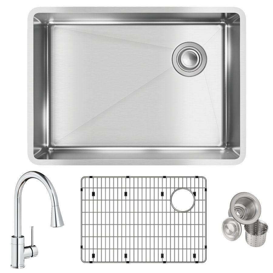 Crosstown® 18 Gauge Stainless Steel 25-1/2" x 18-1/2" x 9" Single Bowl Undermount Sink & Faucet Kit with Bottom Grid & Drain