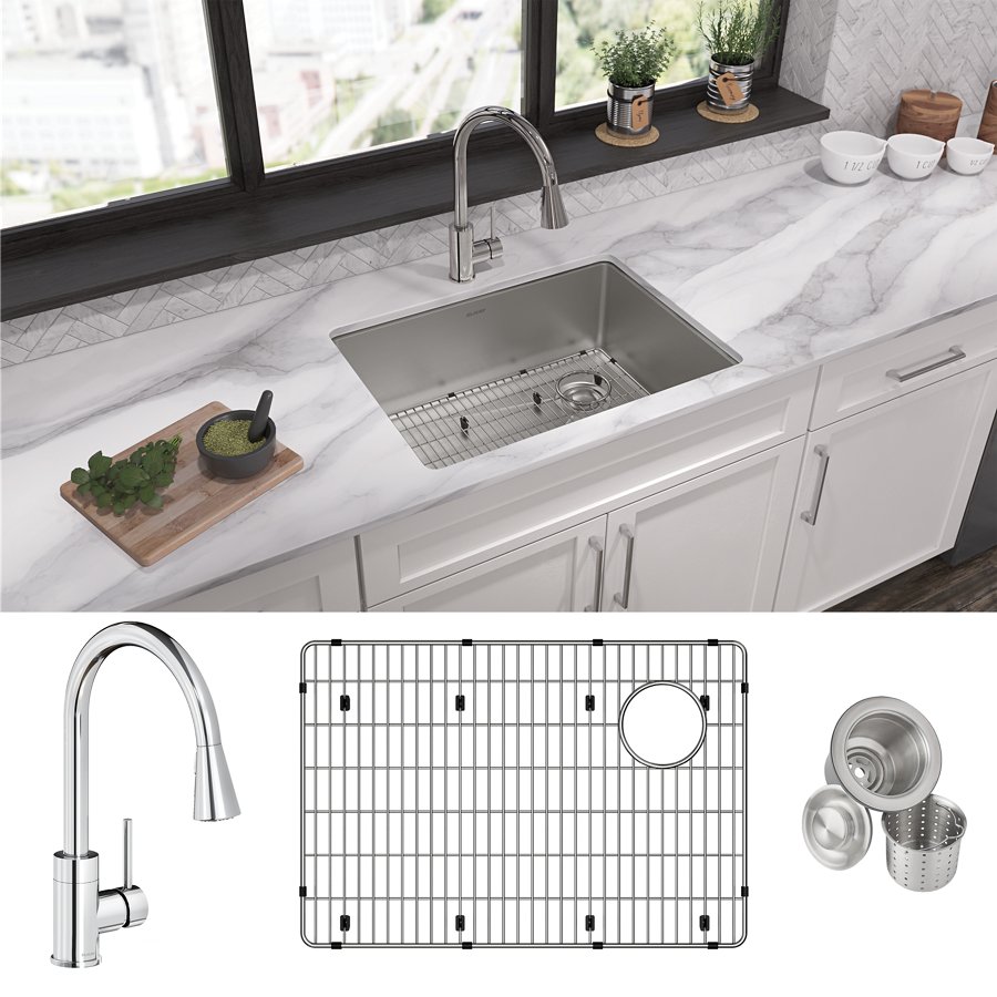 Crosstown® 18 Gauge Stainless Steel 25-1/2" x 18-1/2" x 9" Single Bowl Undermount Sink & Faucet Kit with Bottom Grid & Drain
