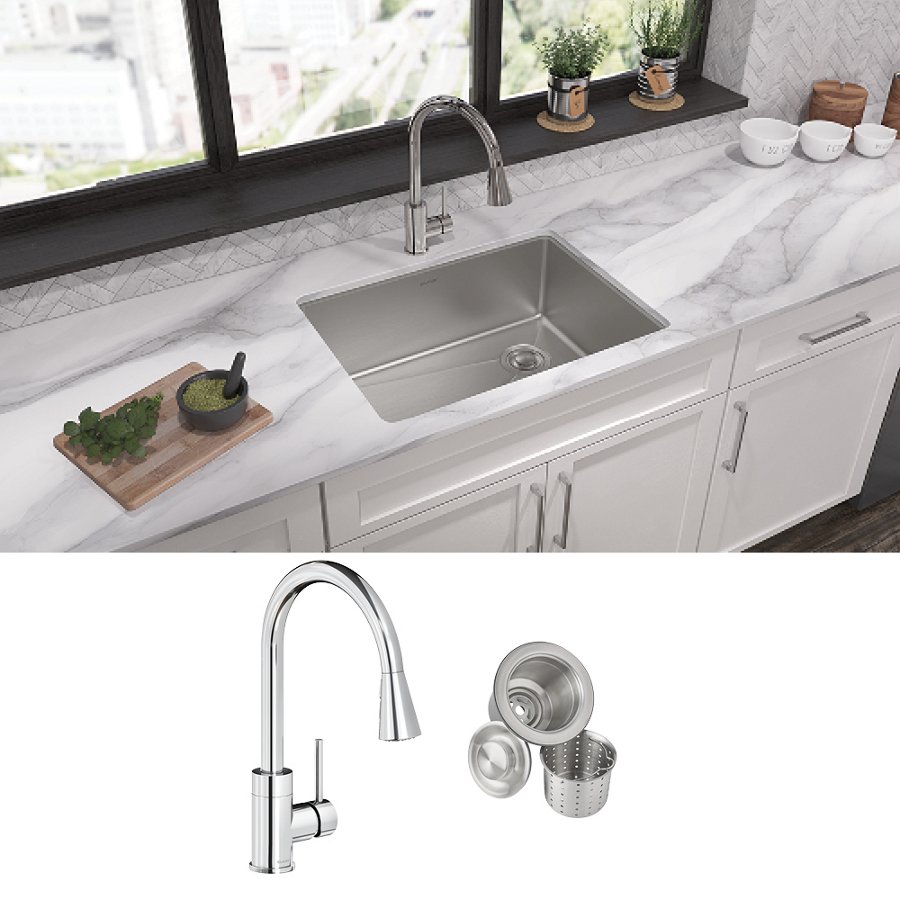 Crosstown® 18 Gauge Stainless Steel 25-1/2" x 18-1/2" x 9" Single Bowl Undermount Sink & Faucet Kit with Drain