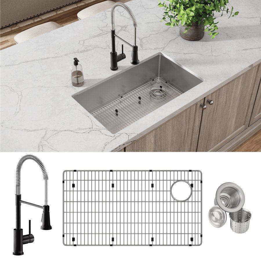Crosstown® 18 Gauge Stainless Steel 31-1/2" x 18-1/2" x 9" Single Bowl Undermount Sink & Faucet Kit with Bottom Grid & Drain