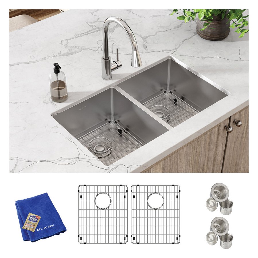 Crosstown® 18 Gauge Stainless Steel 31-1/2" x 18-1/2" x 9" Equal Double Bowl Undermount Sink Kit