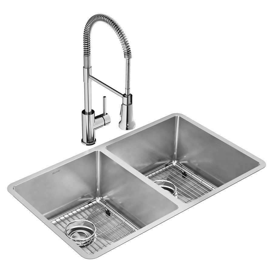 Crosstown® 18 Gauge Stainless Steel 31-1/2" x 18-1/2" x 9" Equal Double Bowl Undermount Sink Kit with Faucet