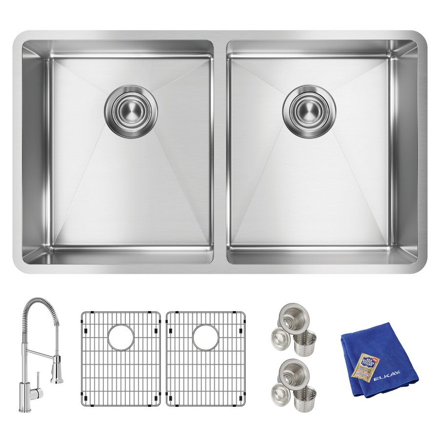 Crosstown® 18 Gauge Stainless Steel 31-1/2" x 18-1/2" x 9" Equal Double Bowl Undermount Sink Kit with Faucet