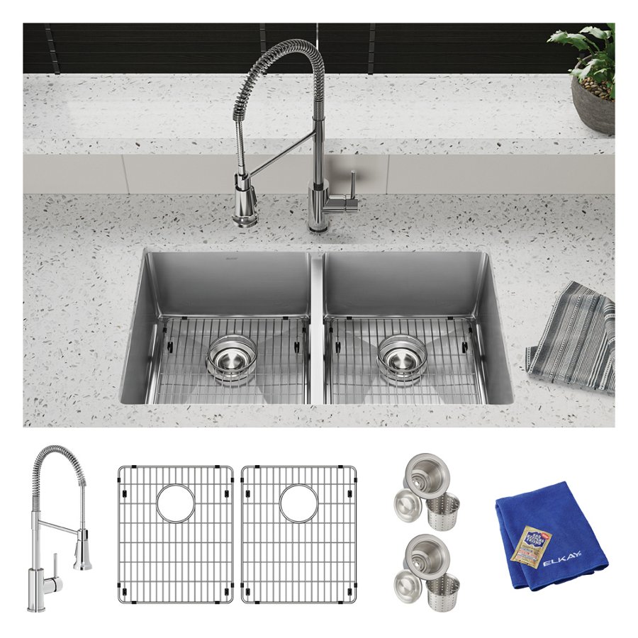 Crosstown® 18 Gauge Stainless Steel 31-1/2" x 18-1/2" x 9" Equal Double Bowl Undermount Sink Kit with Faucet