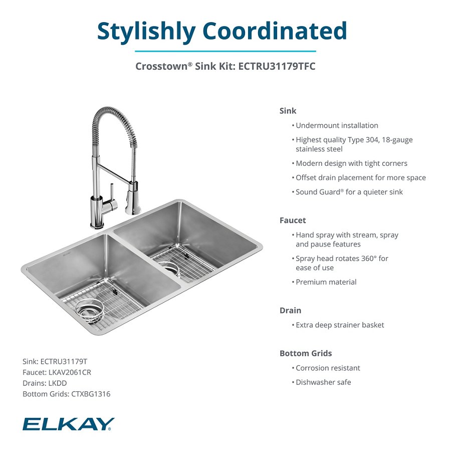 Crosstown® 18 Gauge Stainless Steel 31-1/2" x 18-1/2" x 9" Equal Double Bowl Undermount Sink Kit with Faucet