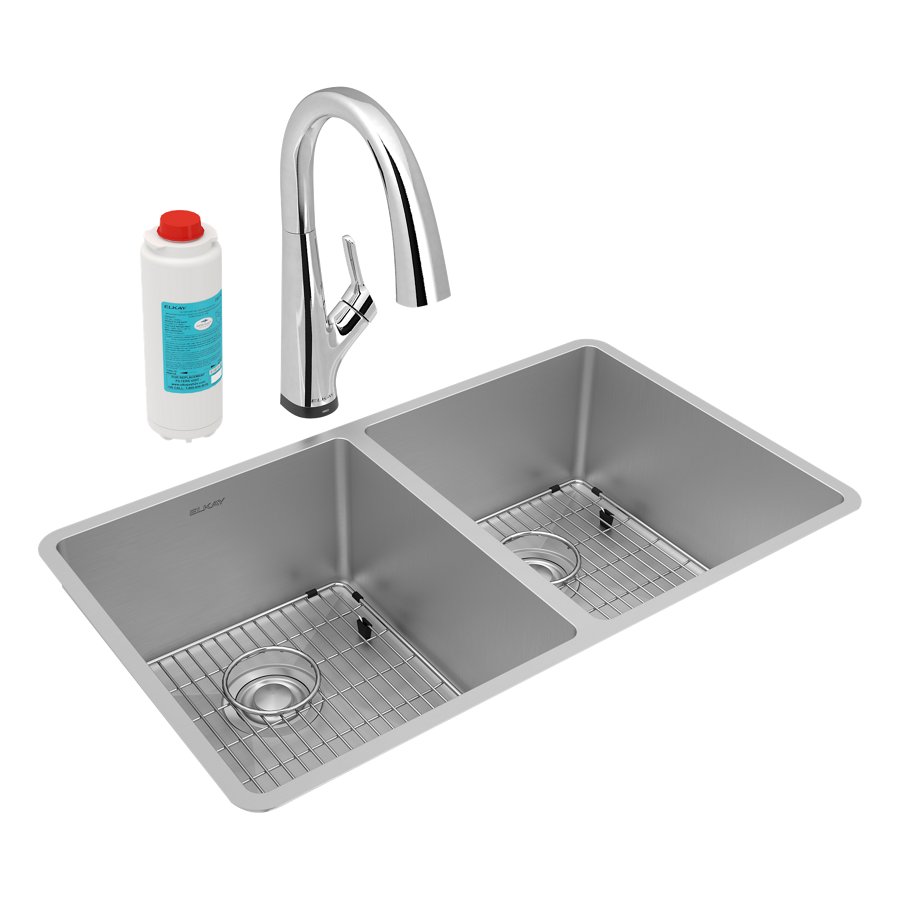 Crosstown® 18 Gauge Stainless Steel 31-1/2" x 18-1/2" x 9" Equal Double Bowl Undermount Sink Kit with Filtered Faucet