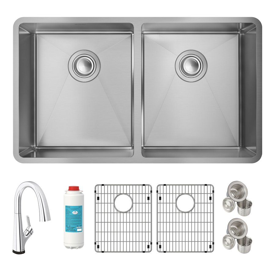 Crosstown® 18 Gauge Stainless Steel 31-1/2" x 18-1/2" x 9" Equal Double Bowl Undermount Sink Kit with Filtered Faucet