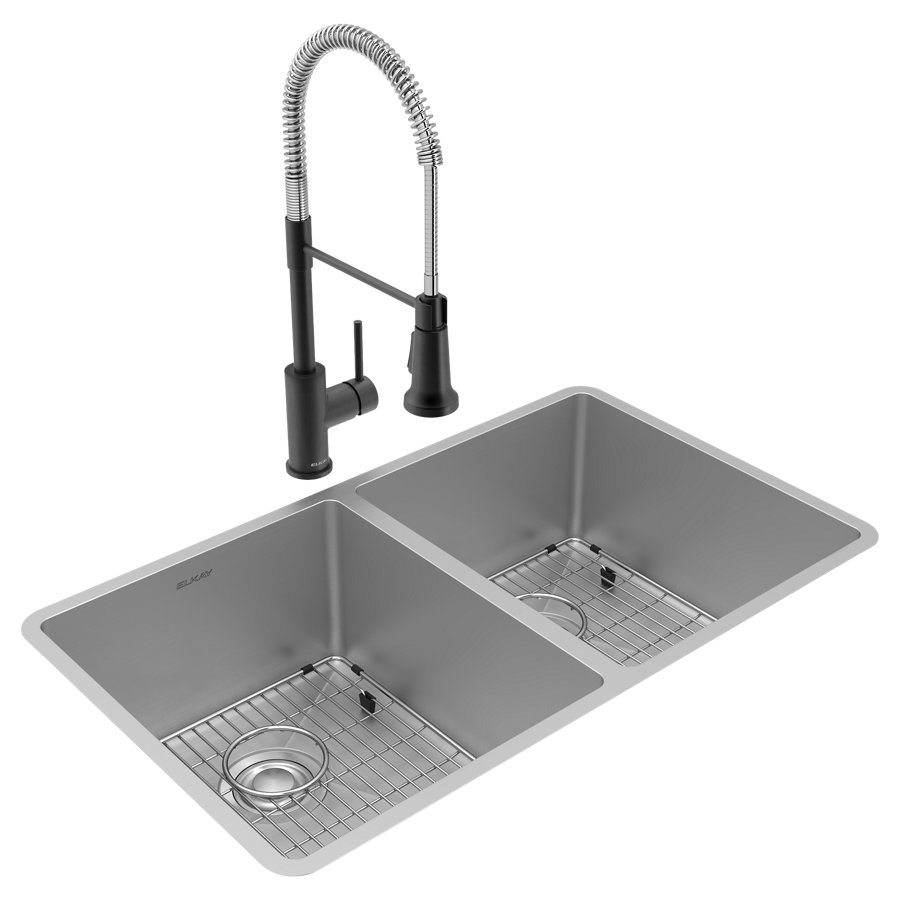 Crosstown® 18 Gauge Stainless Steel 31-1/2" x 18-1/2" x 9" Equal Double Bowl Undermount Sink & Faucet Kit with Bottom Grid & Drain