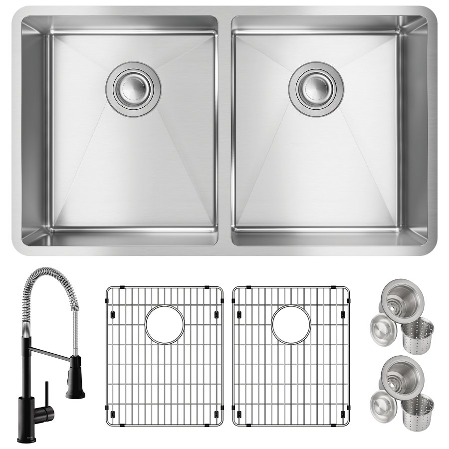 Crosstown® 18 Gauge Stainless Steel 31-1/2" x 18-1/2" x 9" Equal Double Bowl Undermount Sink & Faucet Kit with Bottom Grid & Drain