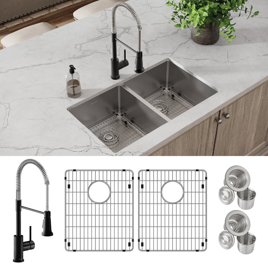 Crosstown® 18 Gauge Stainless Steel 31-1/2" x 18-1/2" x 9" Equal Double Bowl Undermount Sink & Faucet Kit with Bottom Grid & Drain