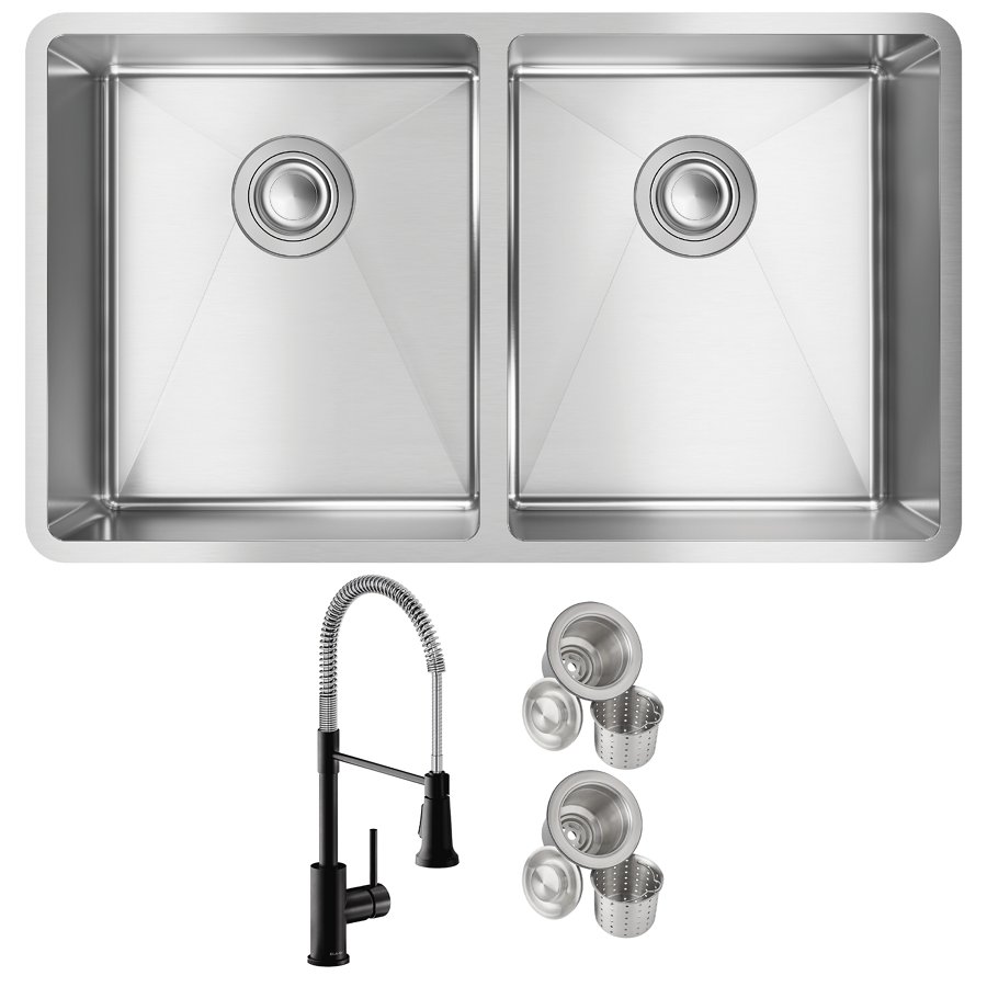 Crosstown® 18 Gauge Stainless Steel 31-1/2" x 18-1/2" x 9" Equal Double Bowl Undermount Sink & Faucet Kit with Drain