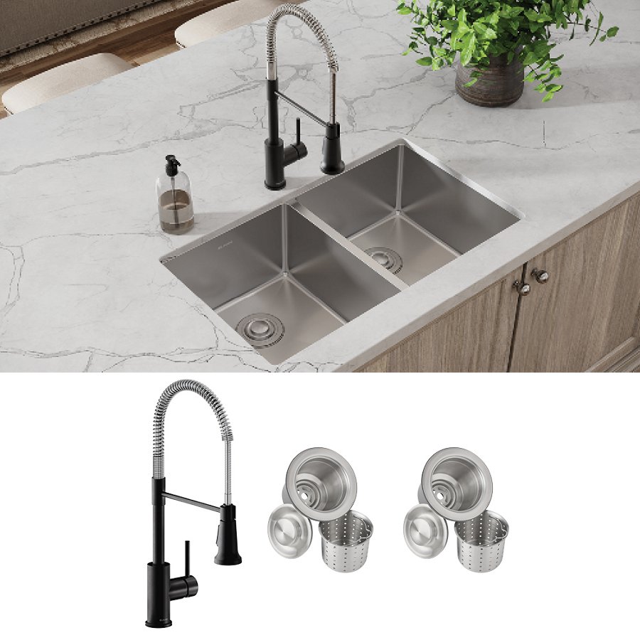 Crosstown® 18 Gauge Stainless Steel 31-1/2" x 18-1/2" x 9" Equal Double Bowl Undermount Sink & Faucet Kit with Drain