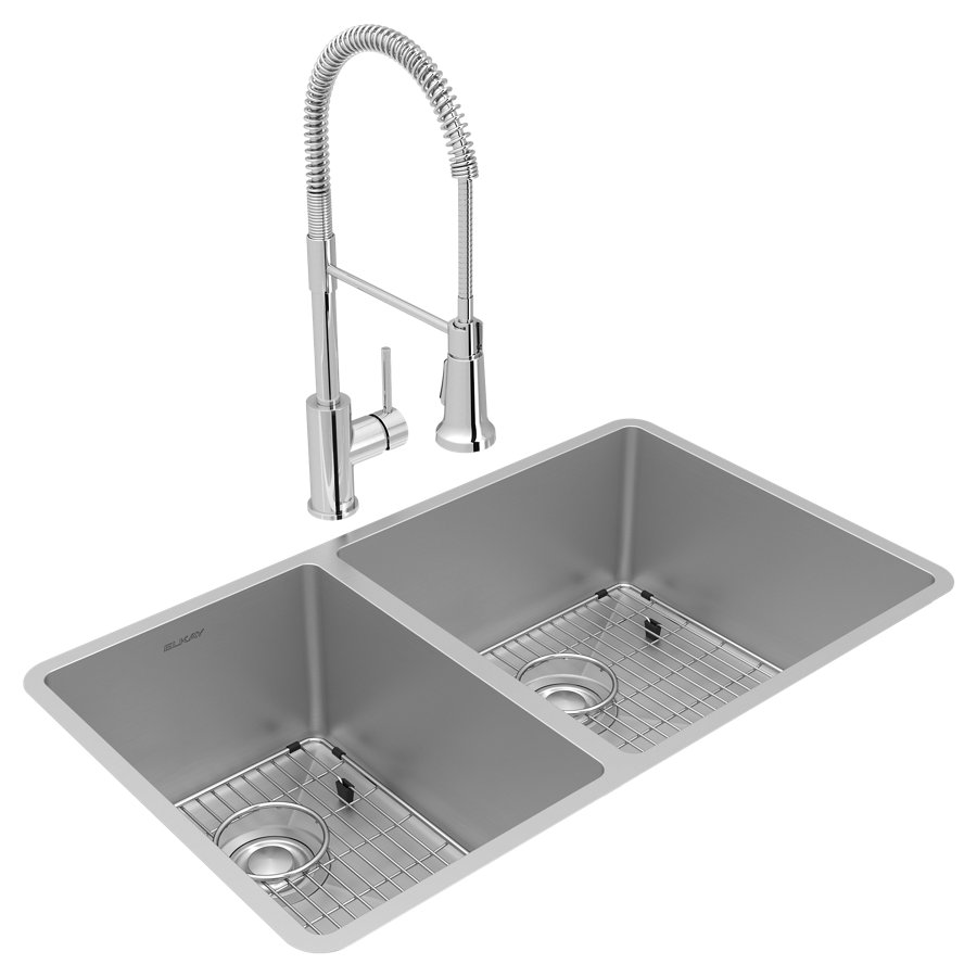 Crosstown® 18 Gauge Stainless Steel 31-1/2" x 18-1/2" x 9" 40/60 Double Bowl Undermount Sink & Faucet Kit with Bottom Grid & Drain
