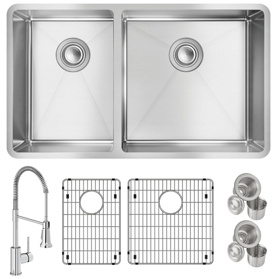Crosstown® 18 Gauge Stainless Steel 31-1/2" x 18-1/2" x 9" 40/60 Double Bowl Undermount Sink & Faucet Kit with Bottom Grid & Drain