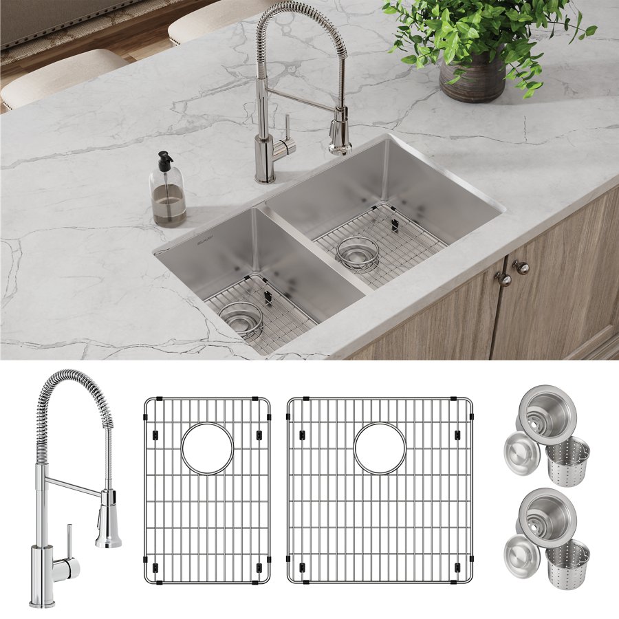 Crosstown® 18 Gauge Stainless Steel 31-1/2" x 18-1/2" x 9" 40/60 Double Bowl Undermount Sink & Faucet Kit with Bottom Grid & Drain