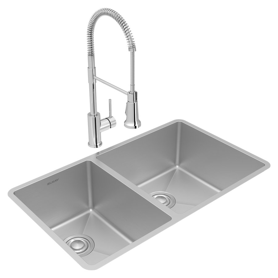 Crosstown® 18 Gauge Stainless Steel 31-1/2" x 18-1/2" x 9" 40/60 Double Bowl Undermount Sink & Faucet Kit with Drain
