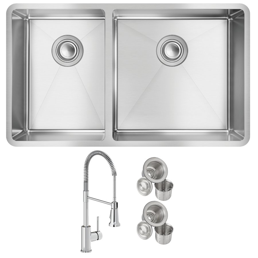 Crosstown® 18 Gauge Stainless Steel 31-1/2" x 18-1/2" x 9" 40/60 Double Bowl Undermount Sink & Faucet Kit with Drain