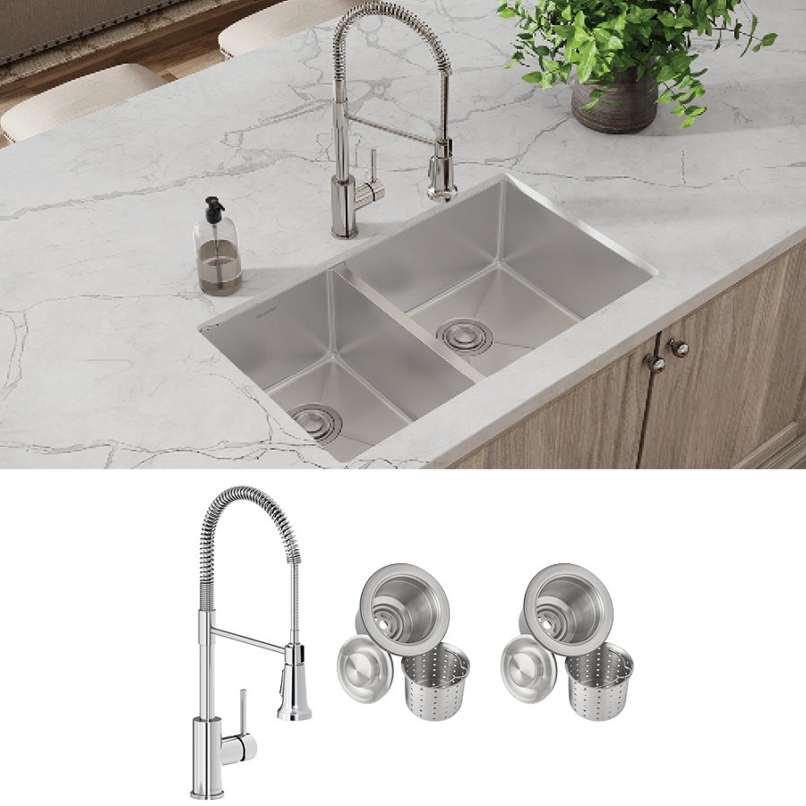 Crosstown® 18 Gauge Stainless Steel 31-1/2" x 18-1/2" x 9" 40/60 Double Bowl Undermount Sink & Faucet Kit with Drain