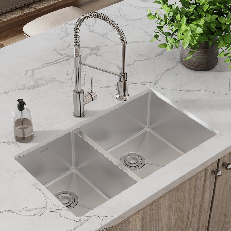Crosstown® 18 Gauge Stainless Steel 31-1/2" x 18-1/2" x 9" 40/60 Double Bowl Undermount Sink & Faucet Kit with Drain