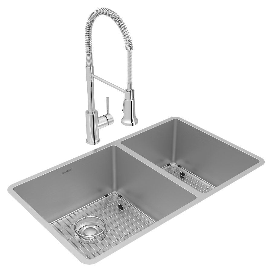 Crosstown® 18 Gauge Stainless Steel 31-1/2" x 18-1/2" x 9" 60/40 Double Bowl Undermount Sink & Faucet Kit with Bottom Grid & Drain