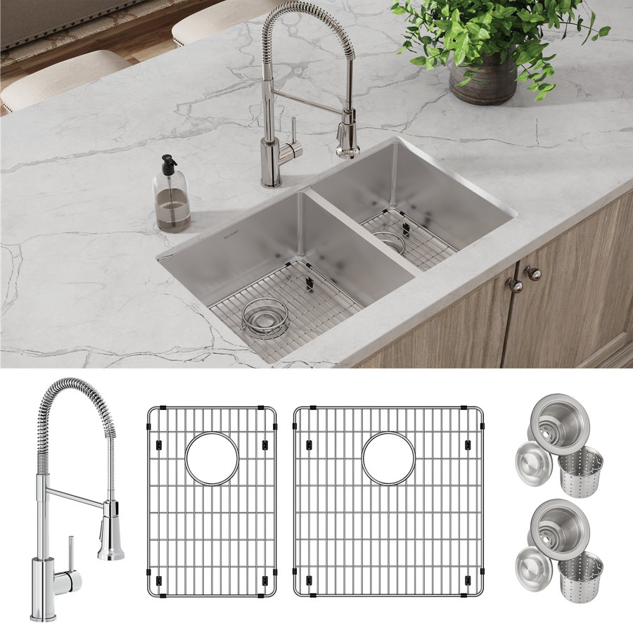 Crosstown® 18 Gauge Stainless Steel 31-1/2" x 18-1/2" x 9" 60/40 Double Bowl Undermount Sink & Faucet Kit with Bottom Grid & Drain