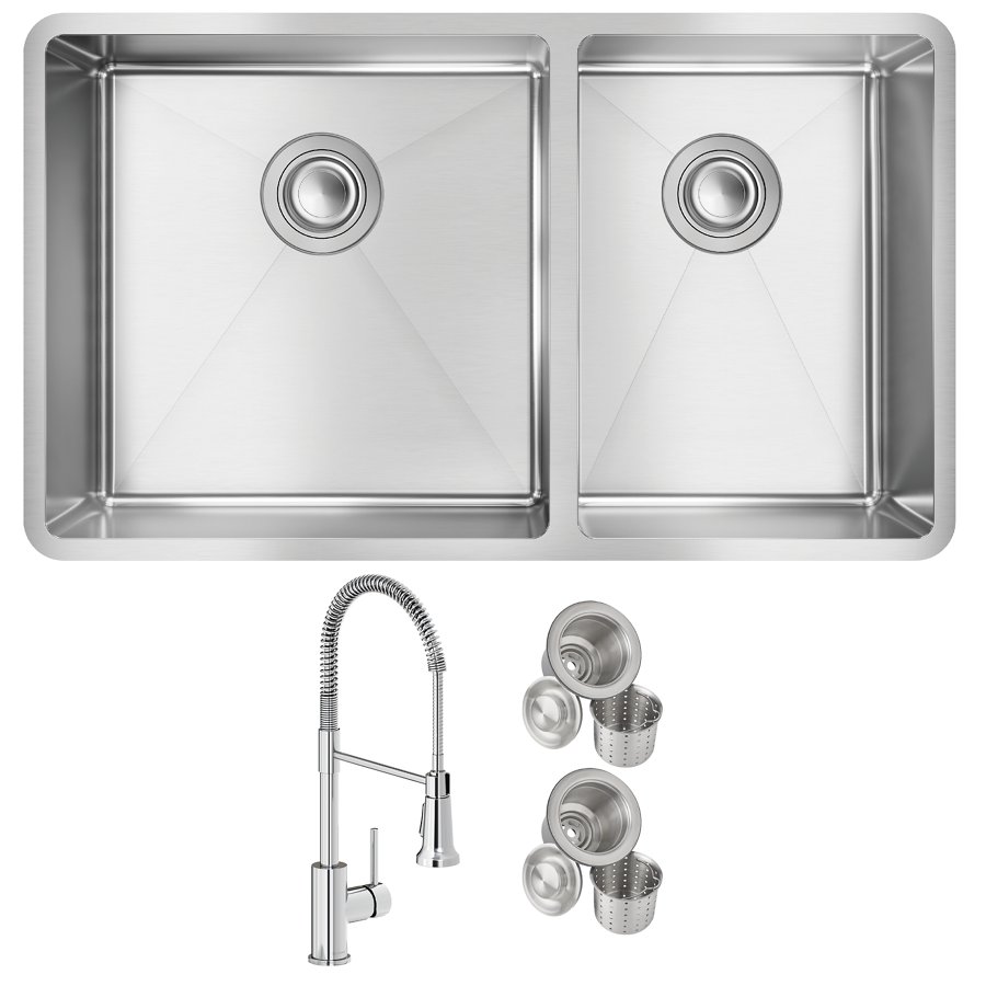 Crosstown® 18 Gauge Stainless Steel 31-1/2" x 18-1/2" x 9" 60/40 Double Bowl Undermount Sink & Faucet Kit with Drain