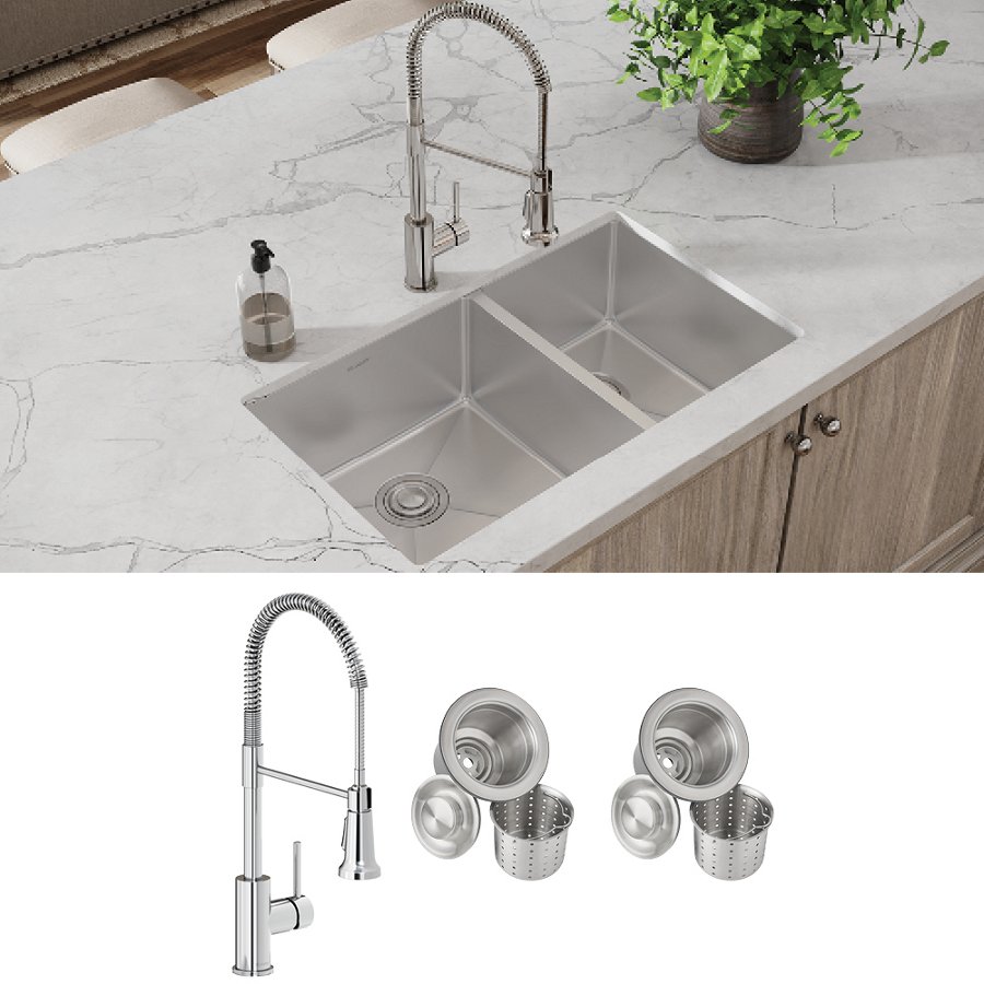 Crosstown® 18 Gauge Stainless Steel 31-1/2" x 18-1/2" x 9" 60/40 Double Bowl Undermount Sink & Faucet Kit with Drain