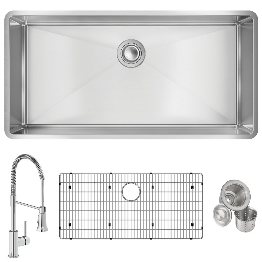 Crosstown® 18 Gauge Stainless Steel 36-1/2" x 18-1/2" x 9" Single Bowl Undermount Sink & Faucet Kit with Bottom Grid & Drain