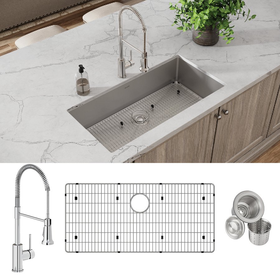 Crosstown® 18 Gauge Stainless Steel 36-1/2" x 18-1/2" x 9" Single Bowl Undermount Sink & Faucet Kit with Bottom Grid & Drain