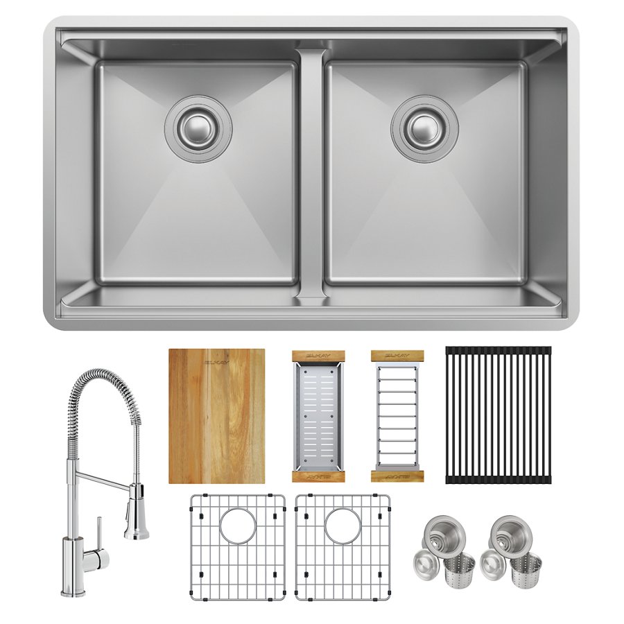 Crosstown® 18 Gauge Workstation Stainless Steel 31-1/2" x 18-1/2" x 9" Equal Double Bowl Undermount Sink & Faucet Kit with Aqua Divide