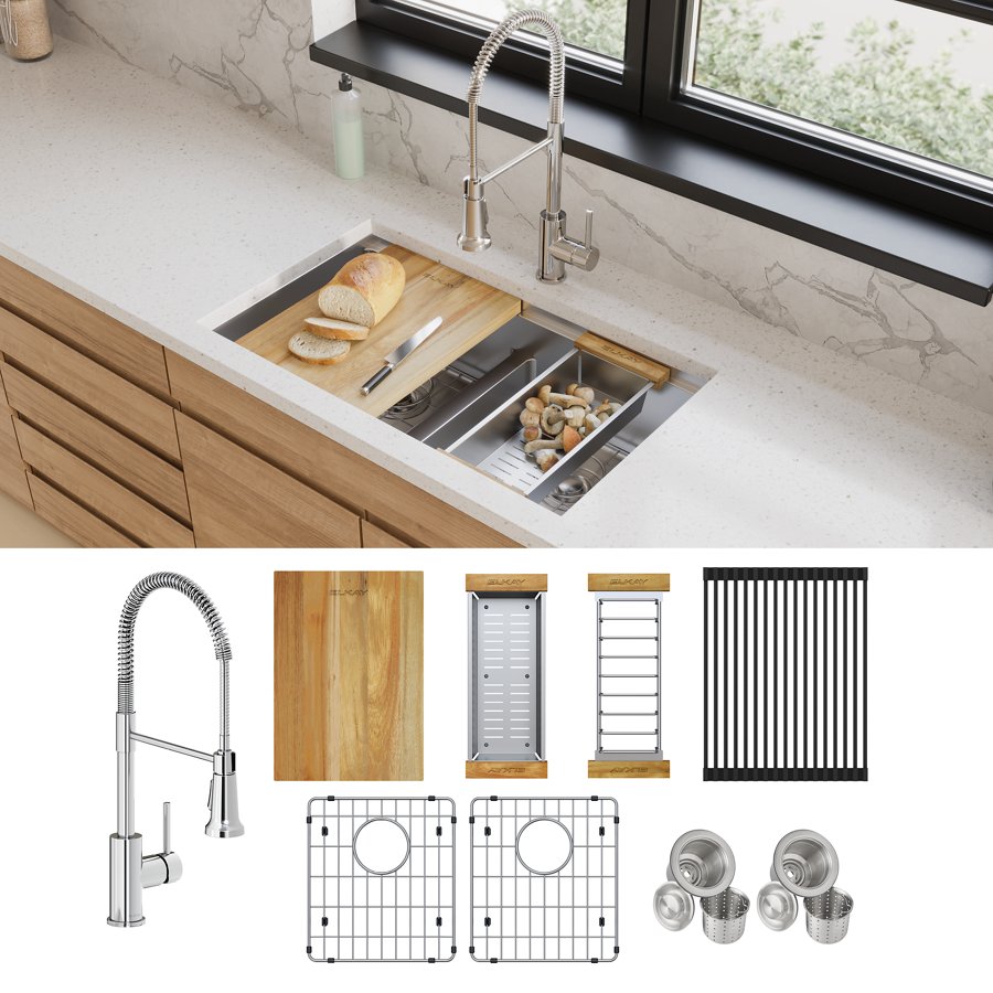 Crosstown® 18 Gauge Workstation Stainless Steel 31-1/2" x 18-1/2" x 9" Equal Double Bowl Undermount Sink & Faucet Kit with Aqua Divide