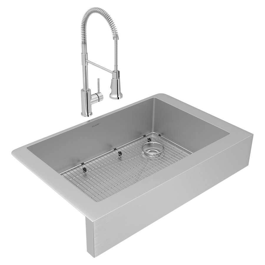 Crosstown® 18 Gauge Stainless Steel 35-7/8" x 20-1/4" x 9" Single Bowl Farmhouse Sink & Faucet Kit with Bottom Grid & Drain