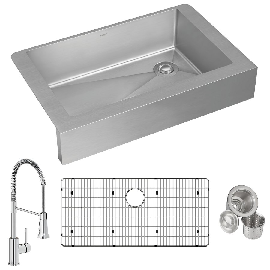 Crosstown® 18 Gauge Stainless Steel 35-7/8" x 20-1/4" x 9" Single Bowl Farmhouse Sink & Faucet Kit with Bottom Grid & Drain